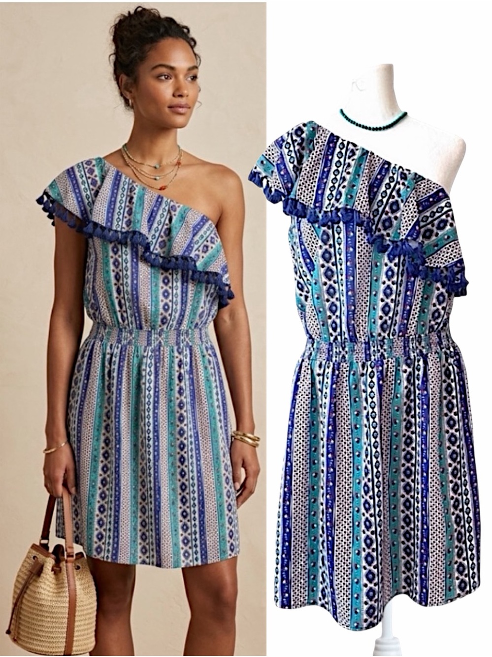 Joy Joy By Anthropologie Blue Ethnic Stripes One Shoulder Ruffle Dress Medium